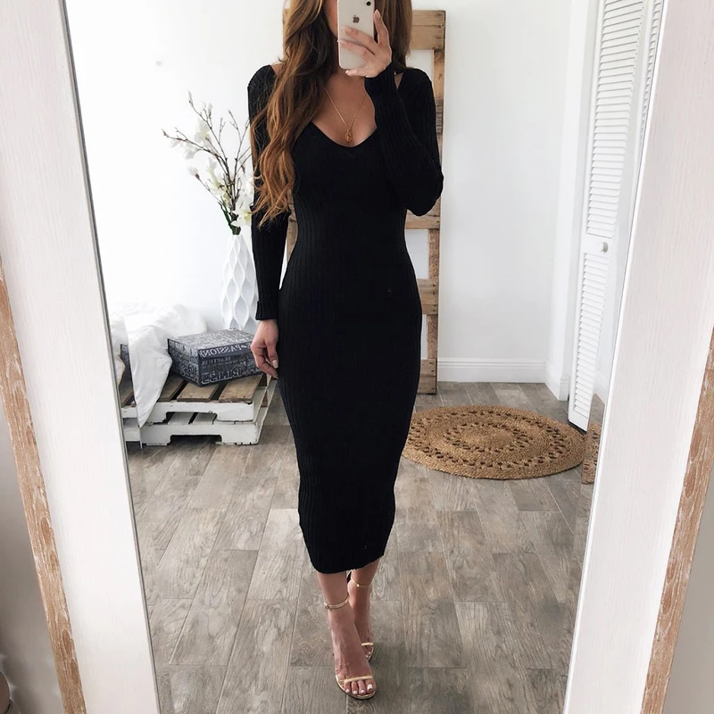 Новинка 2019 зимнее вязаное платье свитер женское сексуальное облегающее миди с
