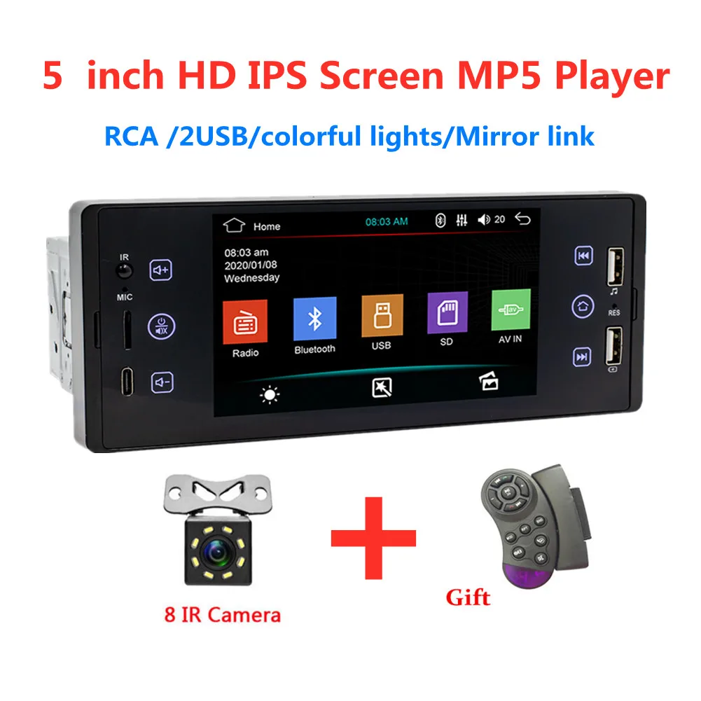 Автомагнитола 1din, MP5-плеер с сенсорным экраном HD IPS, RDS/ AM /FM/2-USB, поддержка 5 дюймов, mirror link, с камерой заднего вида