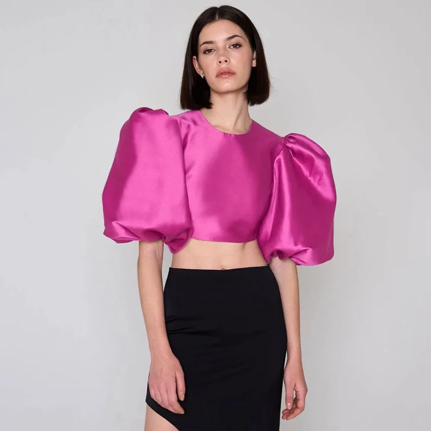 

O-Neck Lantern Sleeve Tops Women Pink Shirt Sexy Summer Black Blouse Ladies Zipper Short Sleeve Female White Crop Top Streetwear