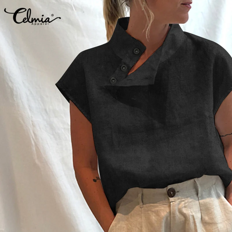 

2021 Fashion Womens High Collar Buttons Blouses Celmia Short Sleeve Denim Tops Solid Casual Elegant Loose Blusas Party