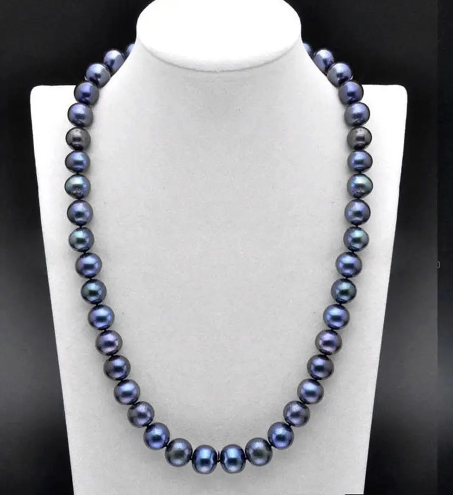 20 inch AAA 9-10 MM SOUTH SEA Tahitian black blue PEARL NECKLACE 925silver GOLD