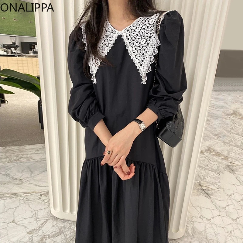 

Женское элегантное платье ONALIPPA во французском стиле, Осеннее винтажное кружевное платье с острым воротником, дизайнерское Свободное плать...