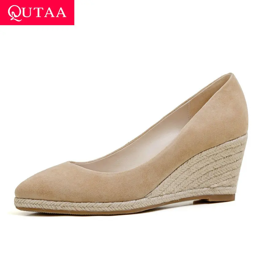 Женские замшевые туфли QUTAA черные лодочки на низком каблуке без застежки