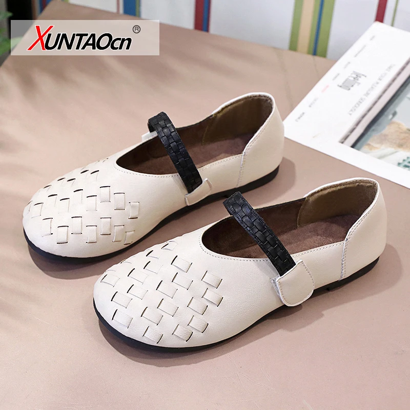 

Spring Autumn Slip on Women Shoes Hollow Breathable Leather Moccasins Flats Shoes Female Handmade Hook Loop Black Brown Casual