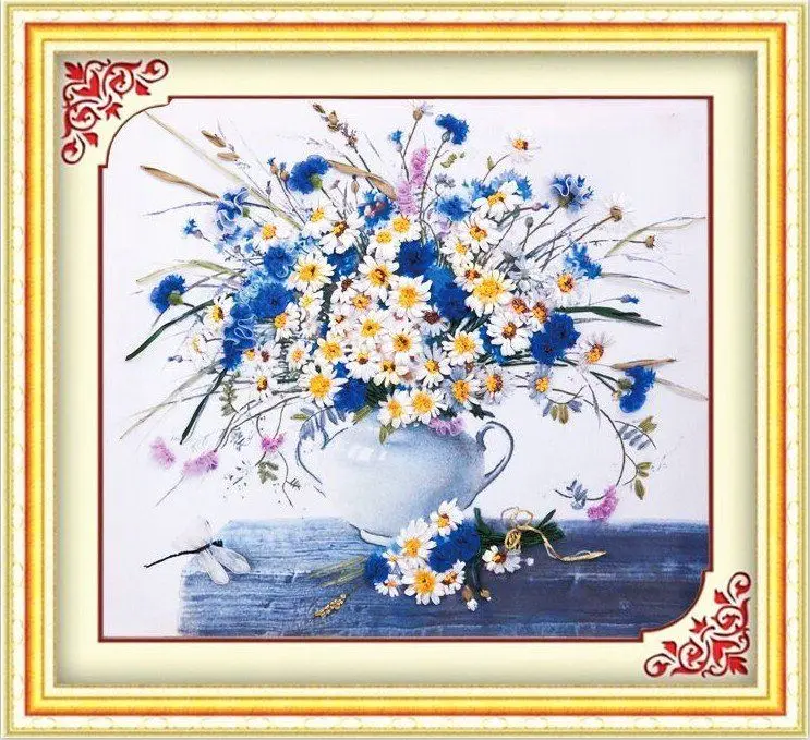 

3D Daisy vase Ribbon embroidery kit stain animal bird picture set handcraft material DIY handmade needlework art home decor