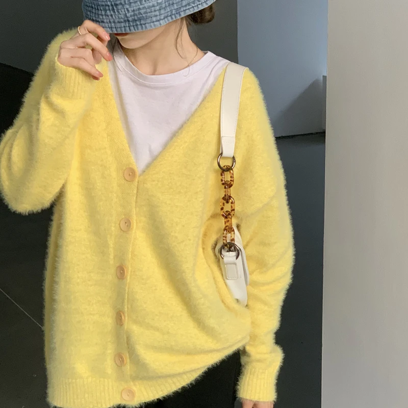 

Lazy Mohair Sweater Jacket Women's Autumn Korean Pure Color Single-breasted Loose V-neck Cardigan Top Cardigan Women