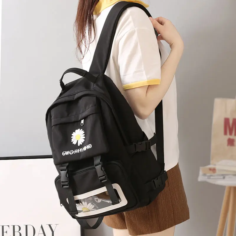 

Waterproof School Bags for Teenage Girls Cute Flowers Backpack Women Black Oxford Bookbags Student Schoolbag Transparent Pouch