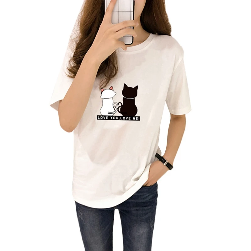 Женская хлопковая Футболка с принтом двух кошек коротким рукавом и круглым
