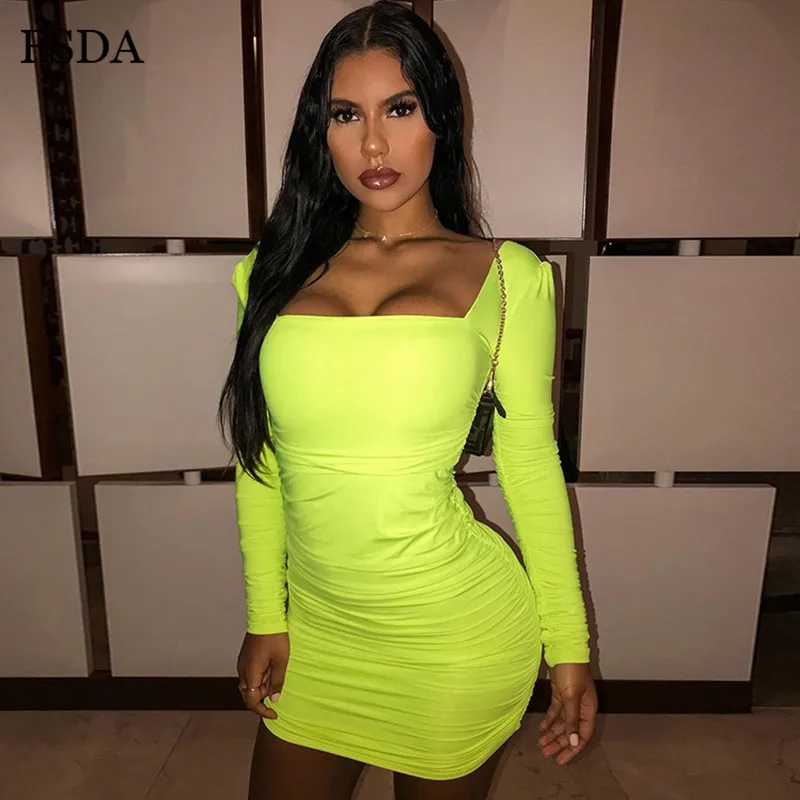 Женское мини платье с рюшами FSDA неоновое облегающее открытой спиной и длинным
