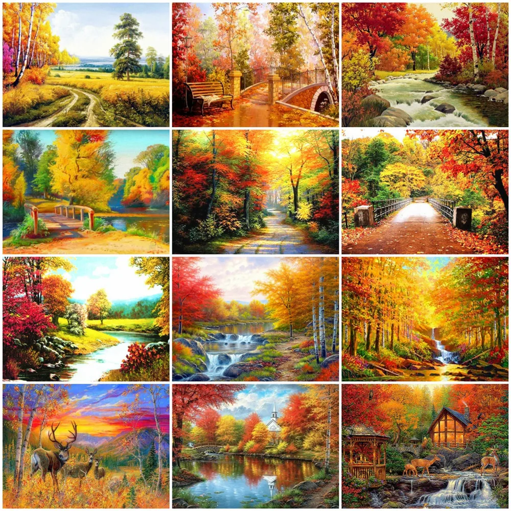 

HUACAN Full Square/Round Diamond Painting Autumn Nutural Landscape Embroidery Cross Stitch Home Decoration Wall Stickers