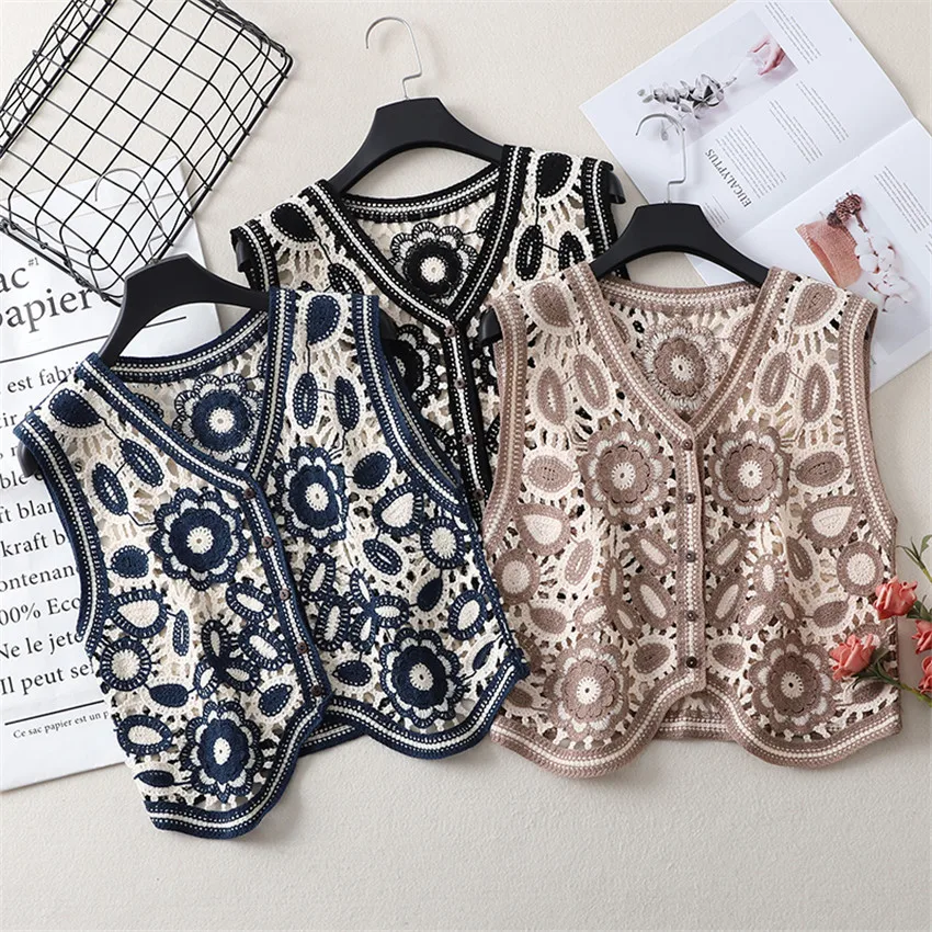 

Floral Crochet Knitted Vest Women 2021 Summer Autumn Womens Retro Sleeveless Jacket Cardigan Boho Bohemian Embroidery Waistcoat