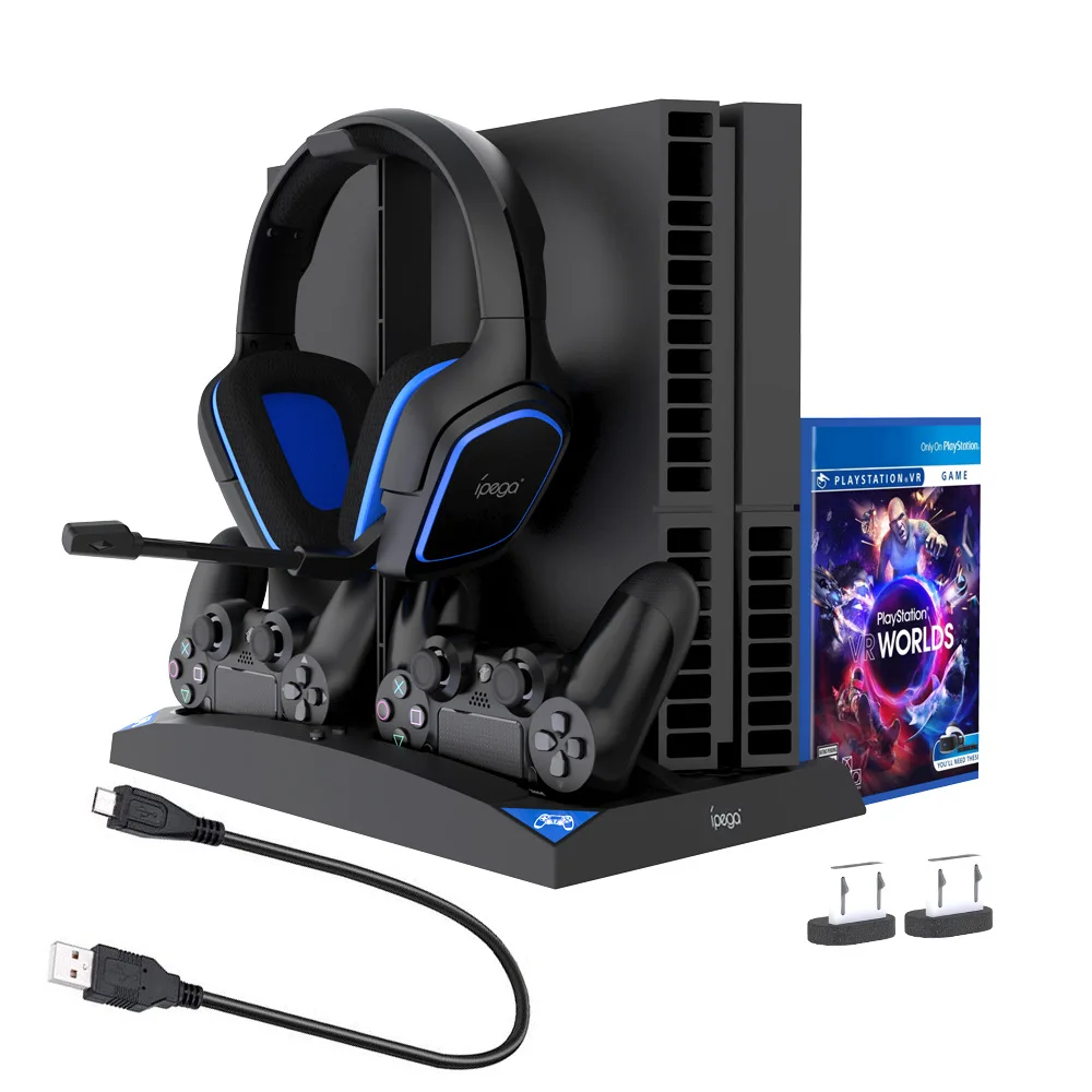 LED Vertical Headset Stand Cooling Fan Dual Controller Charger Dock Charging Station Game Disc Storage for PS 4/Slim/Pro Console |