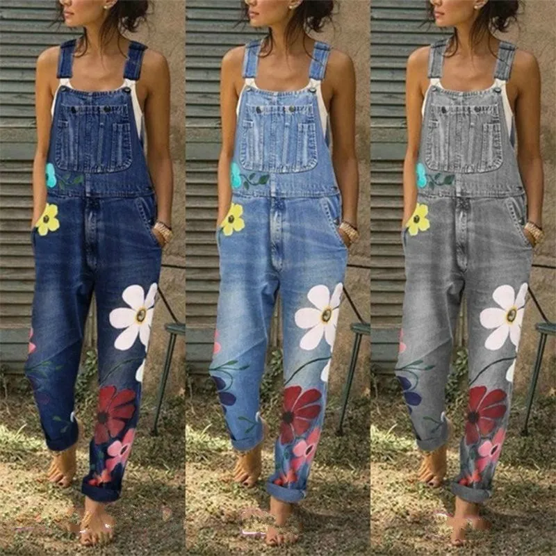 Джинсовый комбинезон без рукавов с цветочным принтом женские комбинезоны