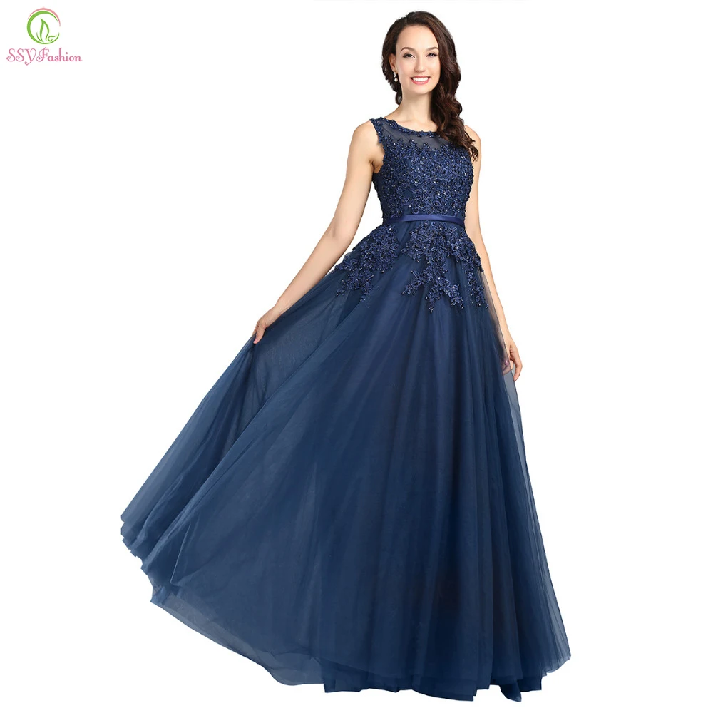 Женское вечернее платье SSYFashion голубое кружевное без рукавов Длинное Элегантное