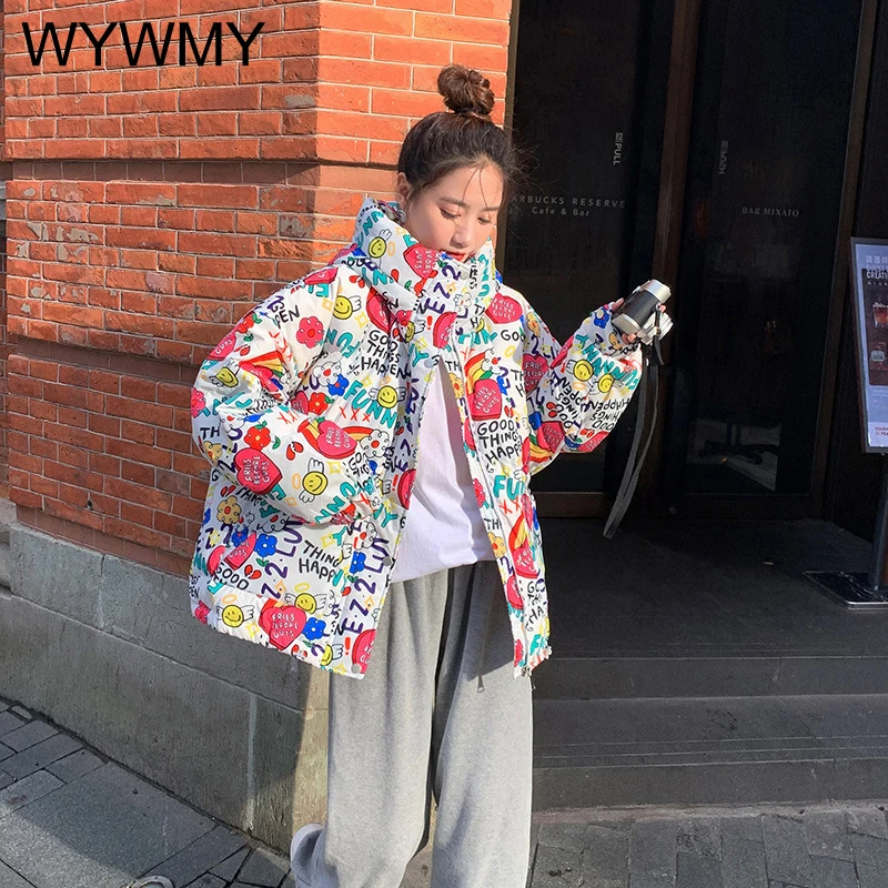 WYWMY Winter Down Jacket Women Print Padded Coat Female Fashion Style Zipper Outerwear Hooded Short Parka Mujer 2021 Oversized