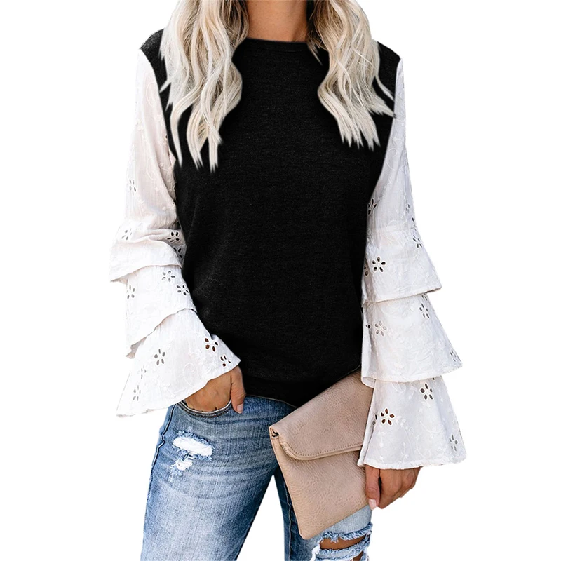 

Black Patchwork Petal Sleeve Pullovers Women 2020 Autumn Winter High Street Fashion Mesh Tops Elegant Round Neck Clothes