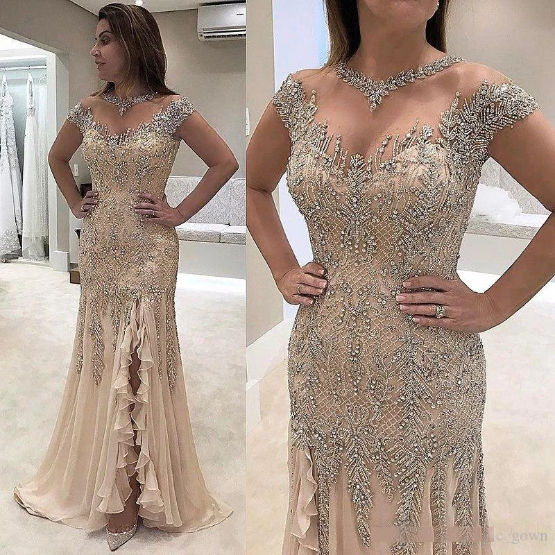 

New Arrival Luxury Mermaid Evening Dresses Sheer Neck Beadings Sequined High Side Split Prom Gowns Elegant Formal Dresses