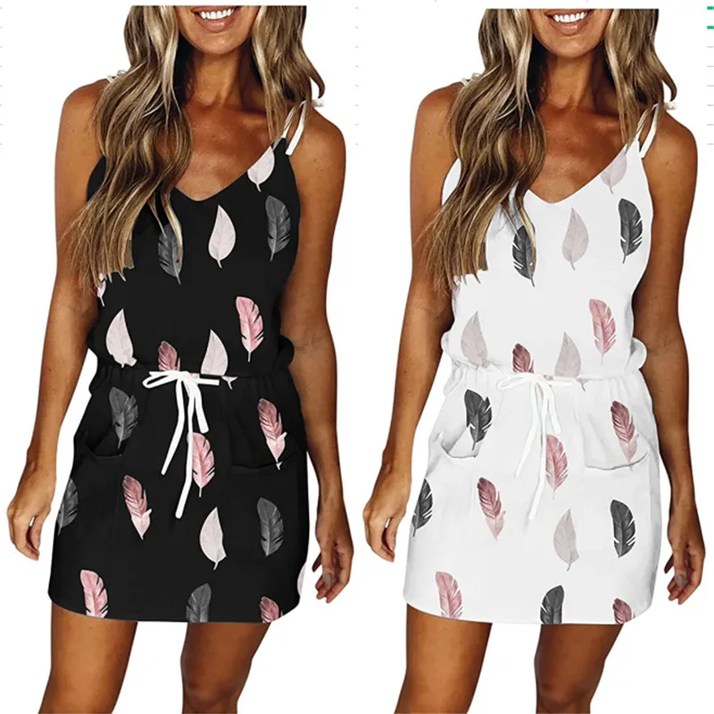 

Women's Mini Dress Summer Casual Loose V-neck Sleeveless Strap Backless Pocket Print Dress Pocket Lady Beach Dresses