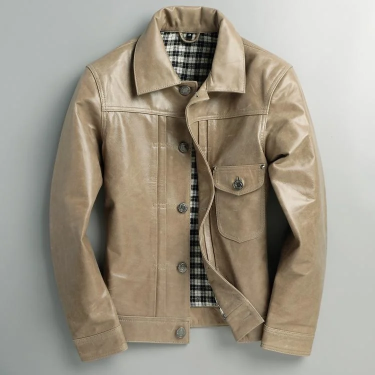 

Autumn and winter new top layer cow leather Khaki leather jacket men's slim fit Lapel leather jacket leather jacket men's