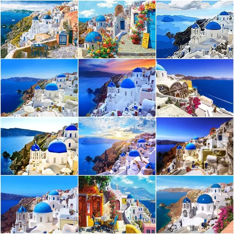 

GATYZTORY Santorini White Building Landscape Painting By Numbers Kits For Adults Diy Gift 60x75cm Frame Canvas Living Room Decor