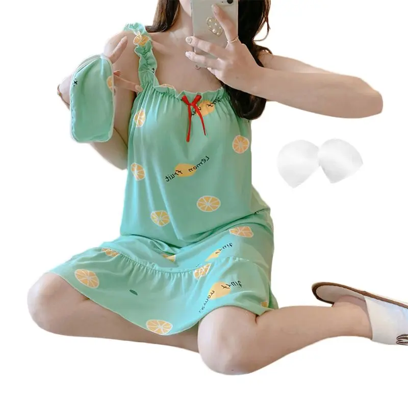 

Women Sleeveless Loose Nightdress Ruffles Bowknot Cute Fruits Padded Sleepshirt Y5GC