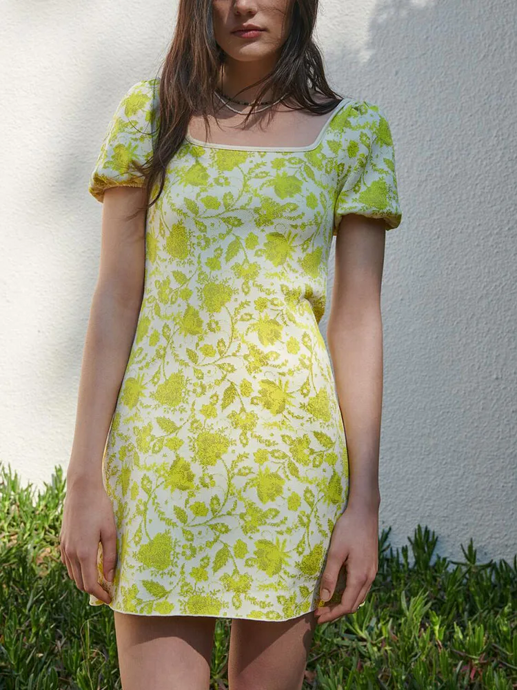 

ZA summer new style women's sweet temperament square neck puff sleeve jacquard knitted dress