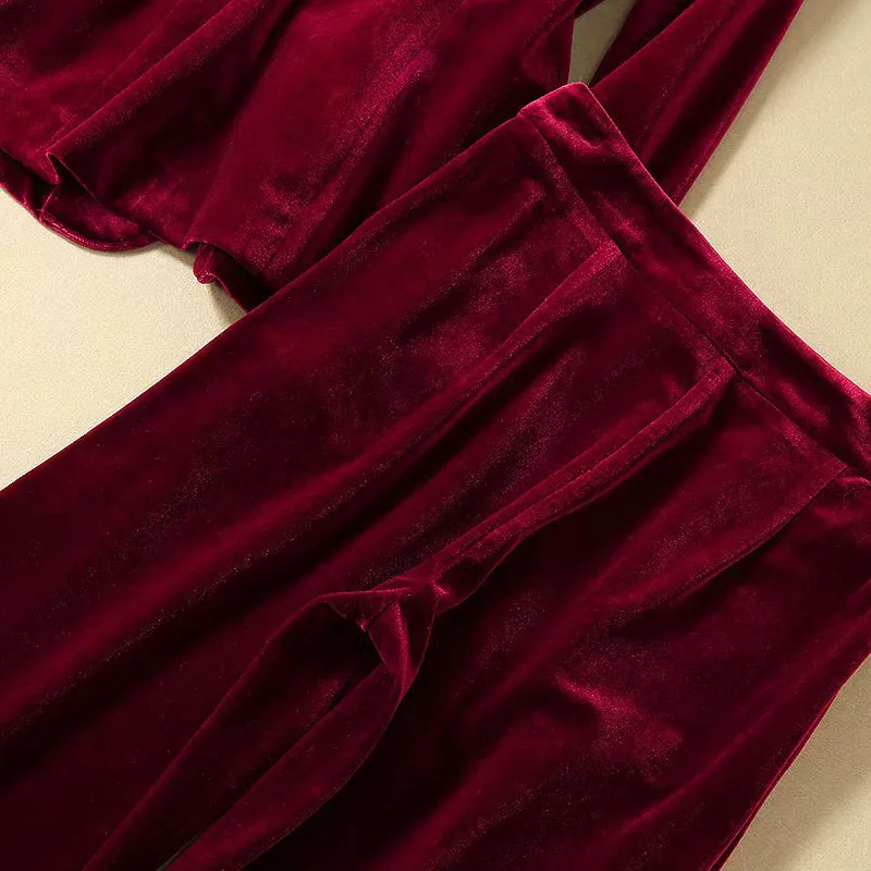 velvet 2 piece set women office work suits business casual women outfits wine red long sleeve deep v neck jacket+ long pants