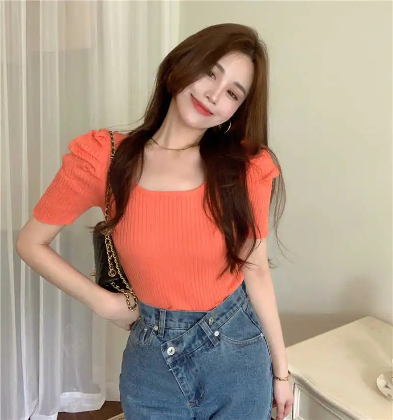 

Women's Short-Sleeved T-shirt Summer New Retro Solid Color Versatile Short Top Elegant Square Collar Slimming T-shirt Bottoming