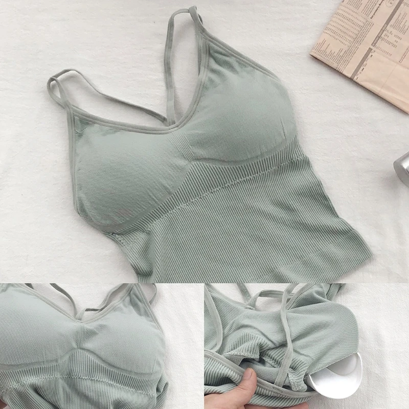 

5 Pieces Women Sexy V Neck Strappy Sport Sleeping Bra Solid Color Wire Free Workout Camisole Bralette Push-Up Padded Fitness Ri