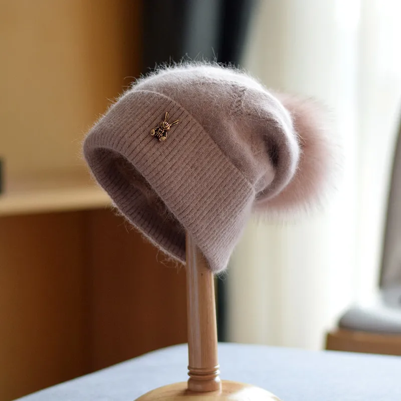 

Women Hat Winter Angora Knit Real Fur Pompom Beanie Fleece Lining Autumn Warm Skiing Accessory For Teenagers Outdoors