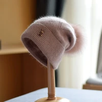women hat winter angora knit real fur pompom beanie fleece lining autumn warm skiing accessory for teenagers outdoors