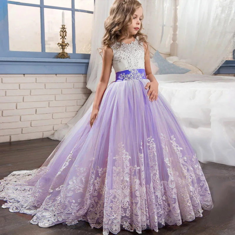 

Girl Children Wedding Christmas Dress white First Communion Long Lace Princess Prom Dress Party for Girl 10 12 Year Vestidos C1