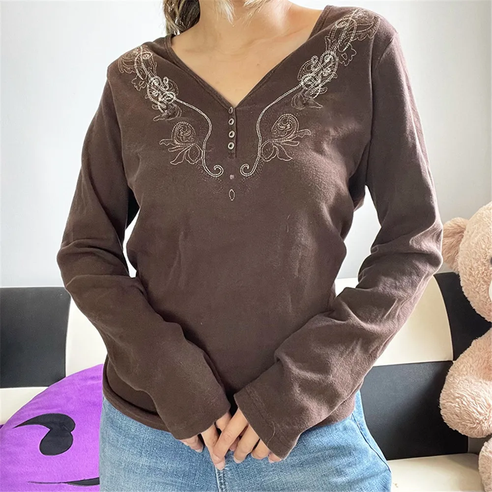 

Y2K Fairy Grunge Crop Top 90s Vintage Graphic Print Long Sleeve V-Neck Women Harajuku Autumn Spring Female Tees Shirt