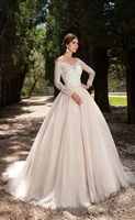 2021 vestios de novia a line wedding dress v neck lace appliques long sleeves garden elegant button illusion back bridal gowns