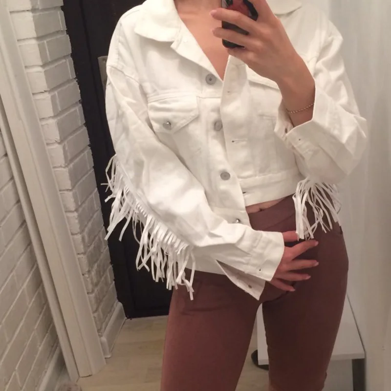 Женские джинсовые короткие куртки с кисточками осенние модные топы Женская