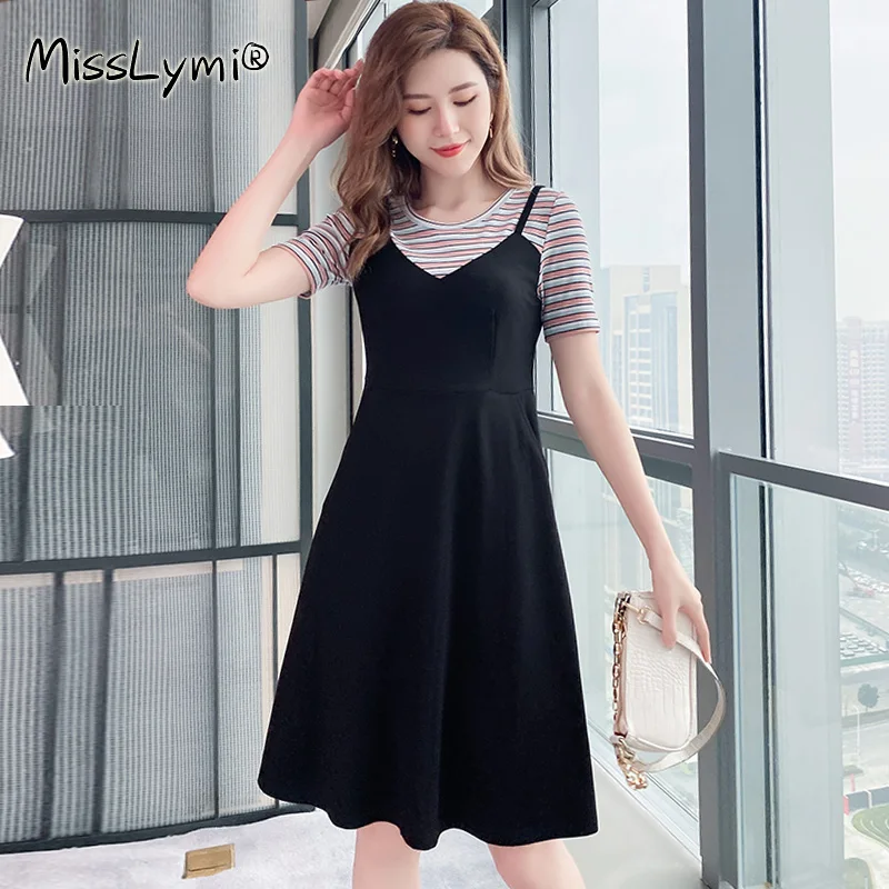 

4XL Plus Size Women Colored Striped Dress Summer 2021 Fashion Short Sleeve Cotton Tshirt Patchwork Fake Two Piece Ladies Dresses