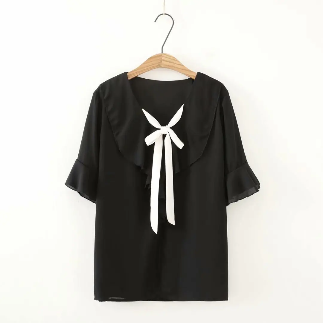 

Plus size black white chiffon bow collar t shirts 2021 new summer flare sleeve tshirts casual tee shirts