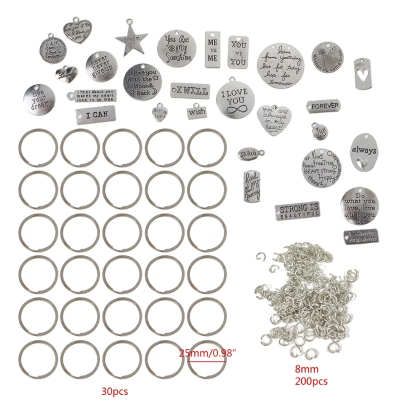 

259 Pieces Motivational Keychain Accessories Set Inspirational Words Charms with Open Jump Rings Key Rings for Various DIY Craft