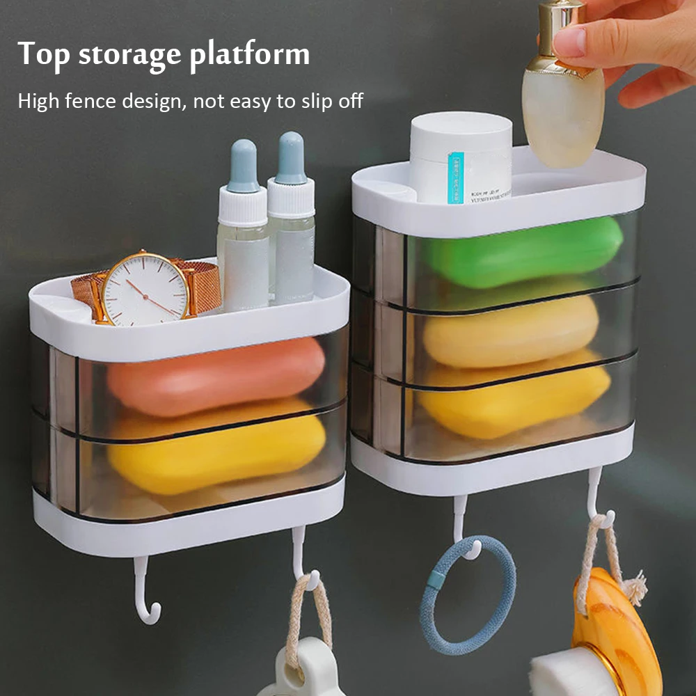 

New Style Rotatable 180 Degree Wall Mounted Soap Box 1/2/3 Layer Soap Dish Rack With Hooks Kitchen And Bathroom Supplies