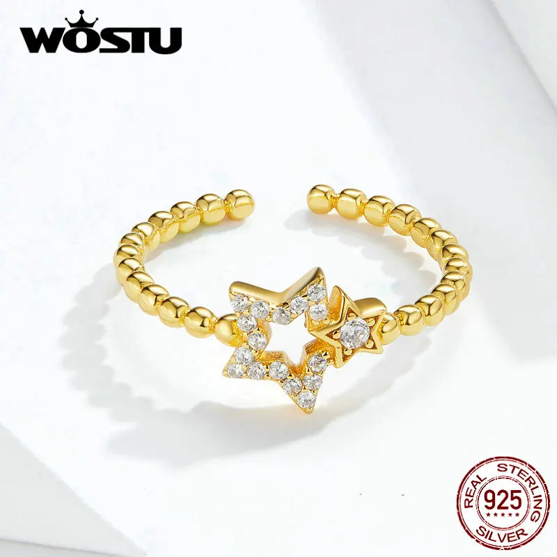 WOSTU, 925 пробы, серебряное, золотое, со звездами, обручальное кольцо, регулируемый Штабелируемый палец для женщин, модное, серебряное, 925, ювелирное изделие CQR561