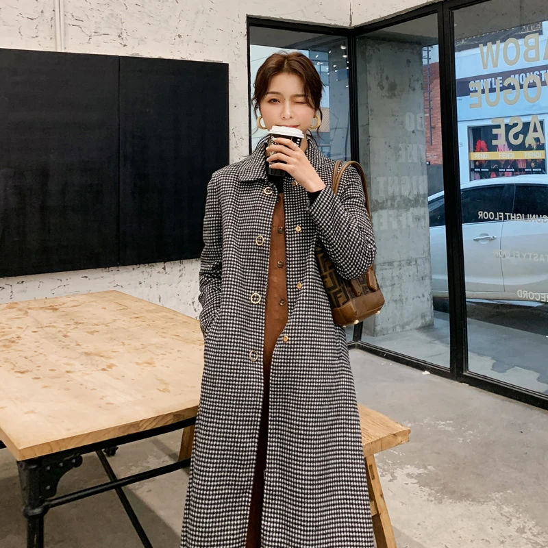 

2020 New Autumn Winter New Double-Dided Woolen Cashmere Coat Women's Mid-Length Houndstooth Plaid Wool Woolen Coat Female N3H