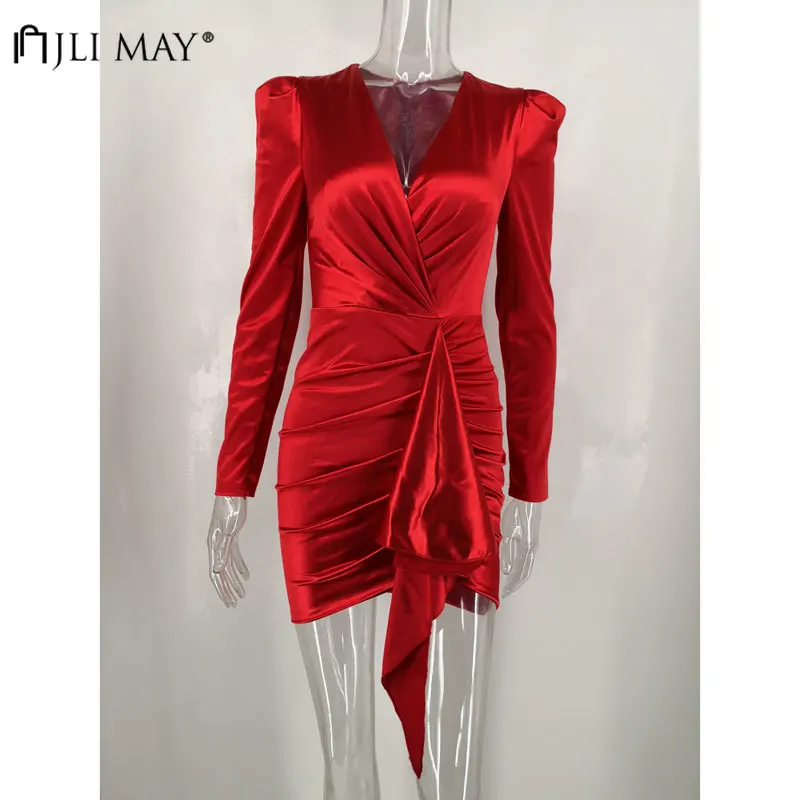 

JLI MAY Sexy Party Bodycon Dress Women Solid Deep V-Neck Long Sleeve Empire Patchwork Pleat Elastic Elegant Mini Dress