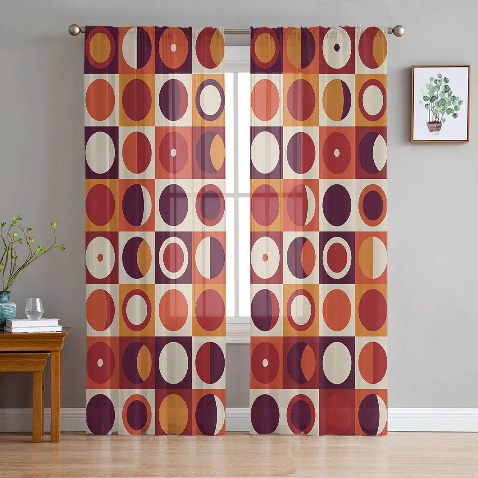 Шторы в клетку прямоугольная круглая шифоновая занавеска оранжевого и красного