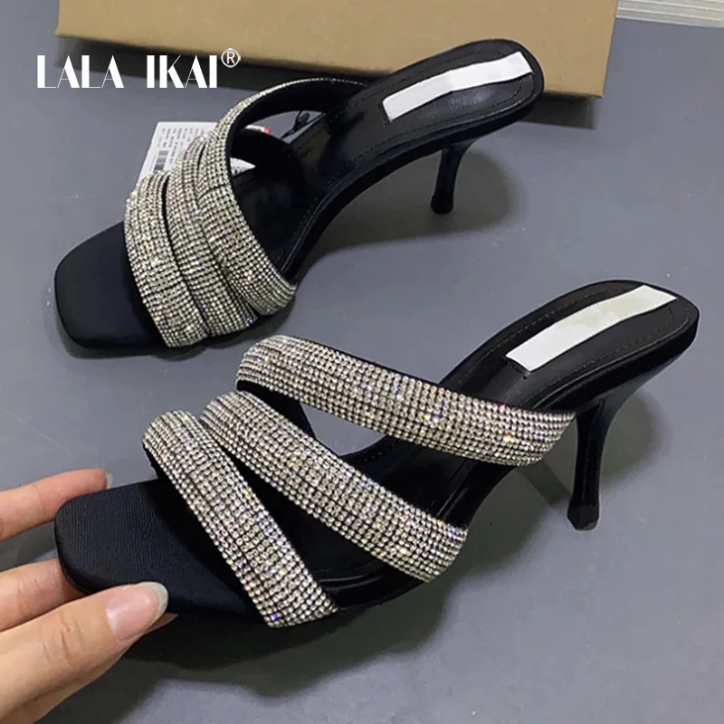 

LALA IKAI ZA New Sexy Women Slippers Black Bright Decoration Drawstring Rhine High Heels Women Open Toe Stiletto Sandals