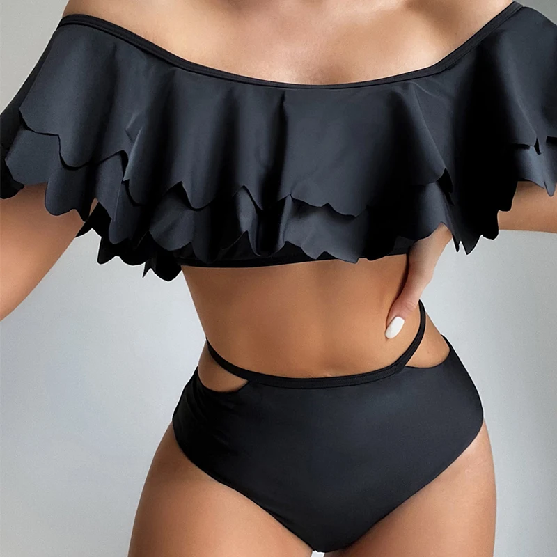 

Новинка 2022, сексуальный купальник бикини с открытыми плечами, однотонный черный купальник из двух частей, женский купальник с оборками, куп...