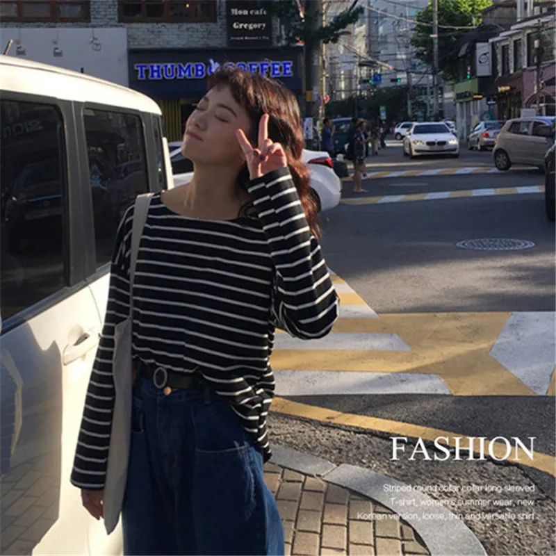 

Vintage Style Stripe Women Long Sleeve Crewneck Summer Loose Female All Match Casual T Shirt Comfortable Trendy Daily Mujer Top