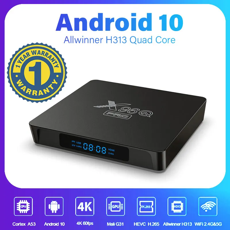 

X96Q Android 10.0 TV Box 2.4GHz/5GHz Dual Band WiFi Set-Top TV Box 2GB RAM 16GB ROM 3D 4K HDR10 H.265 Android Set-Top Smart