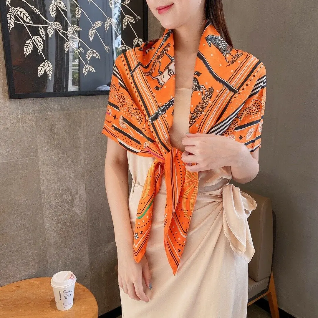 

100% Twill Silk Scarf Women Fashion Ten Horse Print Shawl Hijab Sand Wash Kerchief Head Neck Hair Headscarf Bandana 105*105cm