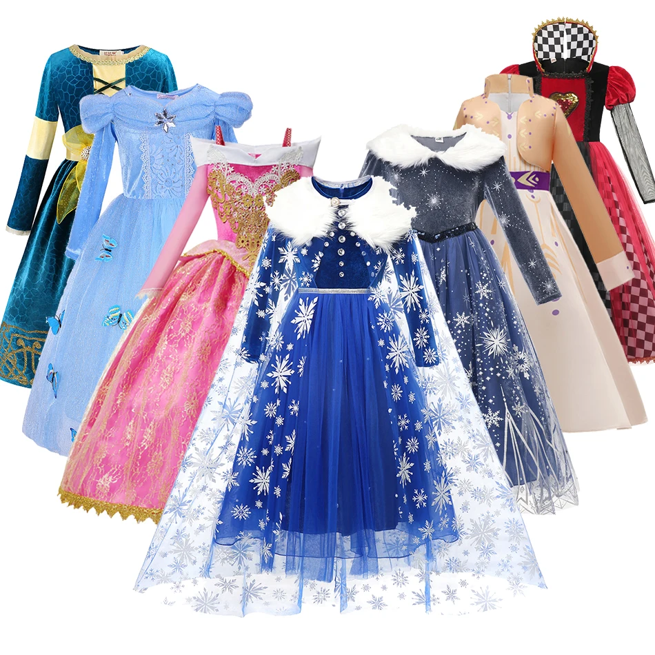 Autumn Winter Frozen Elsa Anna Dress Girls Long Sleeve Velvet Prom Gown Kids Halloween Party Cosplay Costume Warm Clothes