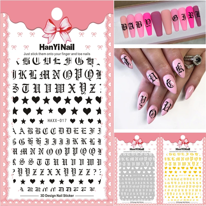 

1pcs Letter Nail Art Sticker Nail Decal Gold Letters Black Words Character DIY Nail Adhesive Sticker Decals 3D Nail Decoration